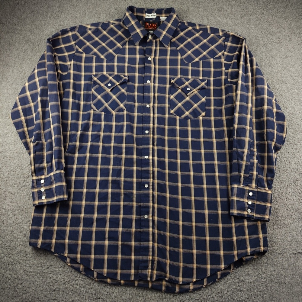 Plains Western Wear Shirt Mens XLT Plaid Navy Blue Pearl Snap Tall Man
